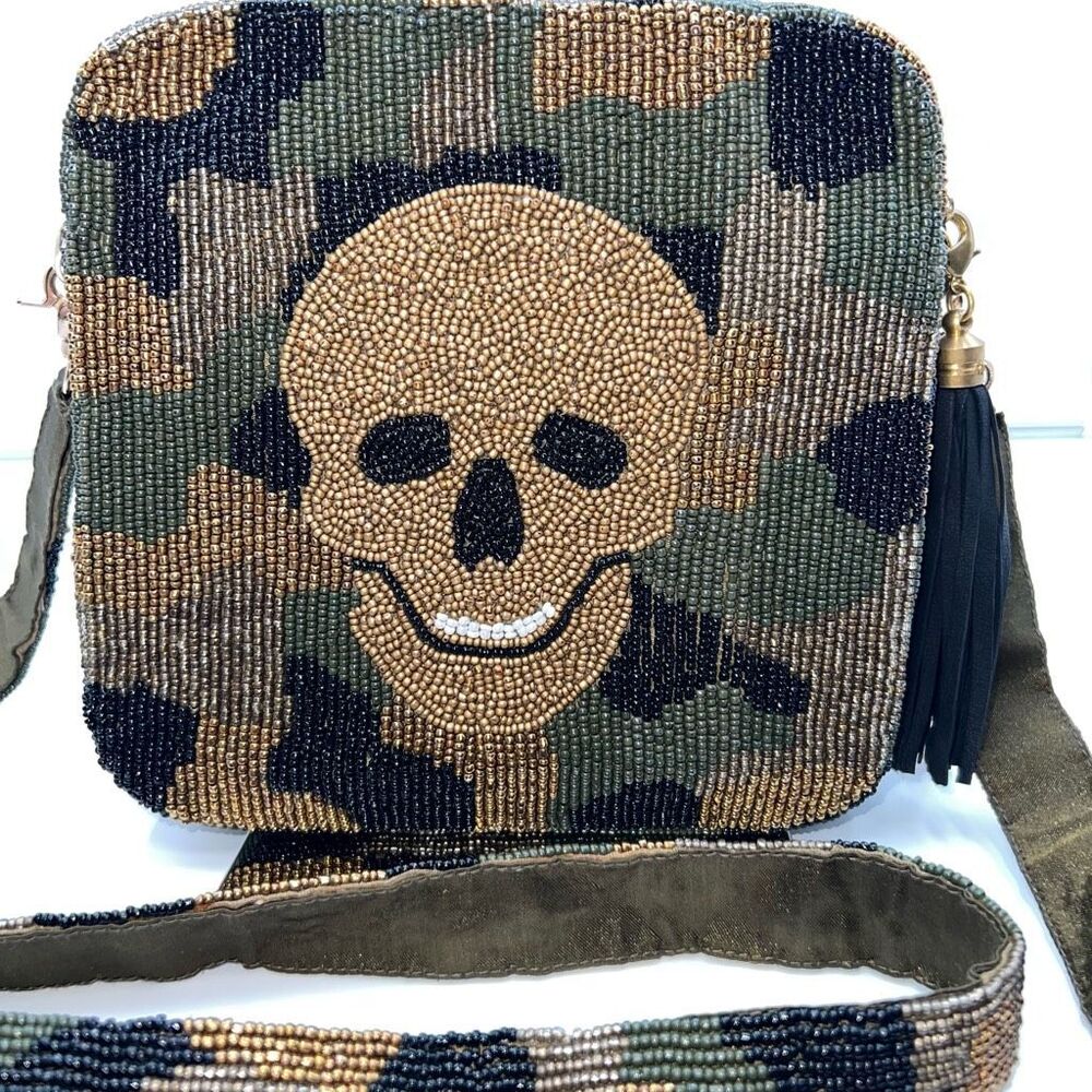 Moyna Fully Beaded Satin Back Camouflage Skull Crossbody